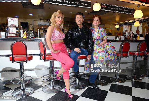 Heidi Range, Ben Freeman and Cheryl Baker attend a photocall for "Happy Days - A New Musical" at Ed's Easy Diner on January 8, 2014 in London,...