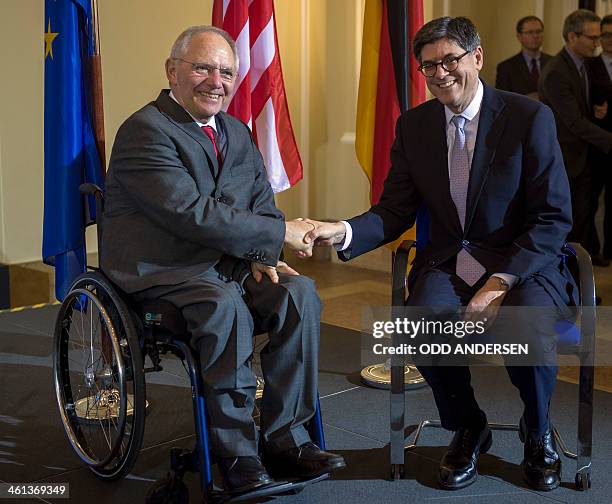 German finance minister Wolfgang Schaeuble and US Secretary of the Treasury Jack Lew pose for a picture following their meeting at the finance...