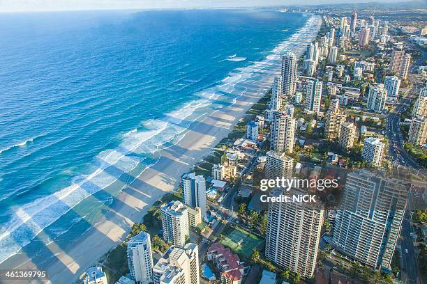 aerial view of gold coast at sunset, australia - gold coast australia fotografías e imágenes de stock