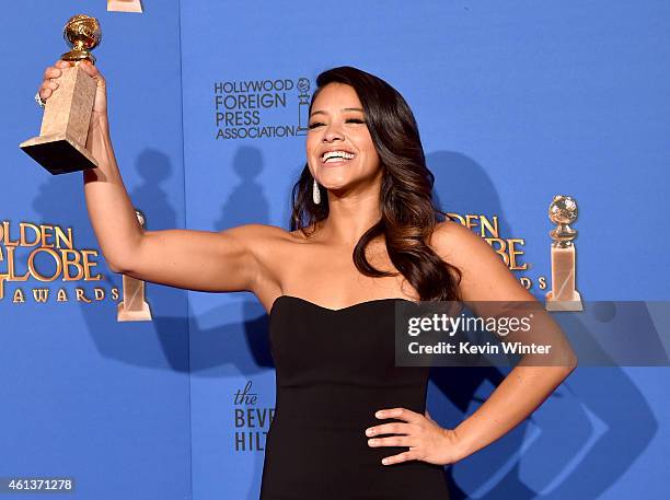 Actress Gina Rodriguez, winner of Best Actress in a TV Series, Musical or Comedy for 'Jane the Virgin,' poses in the press room during the 72nd...