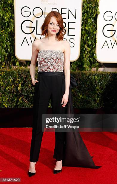 Actress Emma Stone attends the 72nd Annual Golden Globe Awards at The Beverly Hilton Hotel on January 11, 2015 in Beverly Hills, California.