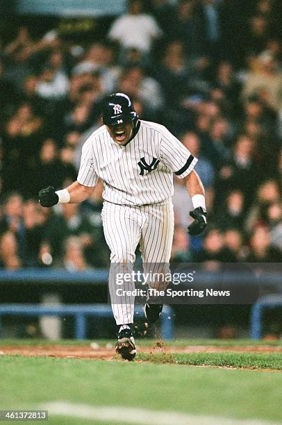 Luis Sojo of the New York Yankees celebrates during Game Three of the American League Division Series against the Oakland Athletics on October 6,...