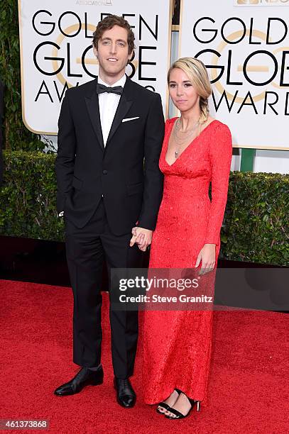 Actor Thomas Middleditch and Mollie Gates attend the 72nd Annual Golden Globe Awards at The Beverly Hilton Hotel on January 11, 2015 in Beverly...
