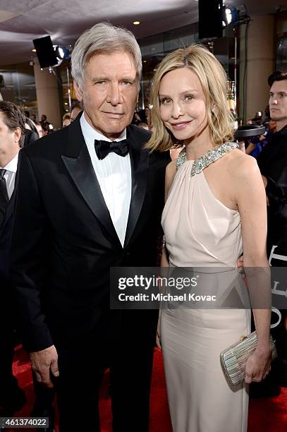 Actors Harrison Ford and Calista Flockhart attend the 72nd Annual Golden Globe Awards at The Beverly Hilton Hotel on January 11, 2015 in Beverly...