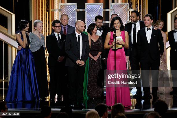 In this handout photo provided by NBCUniversal, Sarah Treem, accepts the award for Best TV Series, Drama for "The Affair", onstage during the 72nd...