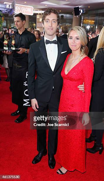 Actor Thomas Middleditch and Mollie Gates attends the 72nd Annual Golden Globe Awards at The Beverly Hilton Hotel on January 11, 2015 in Beverly...