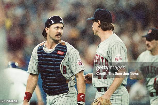 Brian Harper and Jack Morris of the Minnesota Twins during the 1991 American League Championship Series against the Toronto Blue Jays at Hubert H....