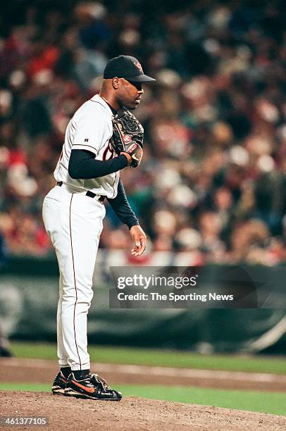 Arthur Rhodes of the Baltimore Orioles pitches during Game Four of the American League Championship Series against the New York Yankees on October...