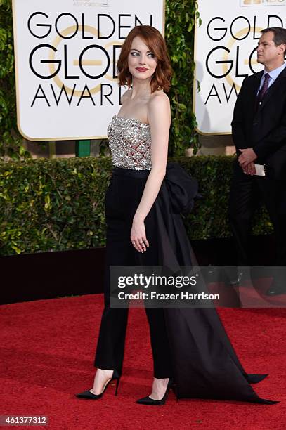 Actress Emma Stone attends the 72nd Annual Golden Globe Awards at The Beverly Hilton Hotel on January 11, 2015 in Beverly Hills, California.