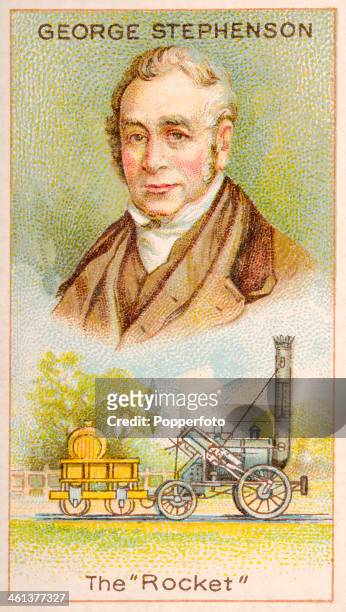 Men of Genius" Shelley cigarette card with illustrations featuring George Stephenson, the father of the locomotive, and his "Rocket", published by J...