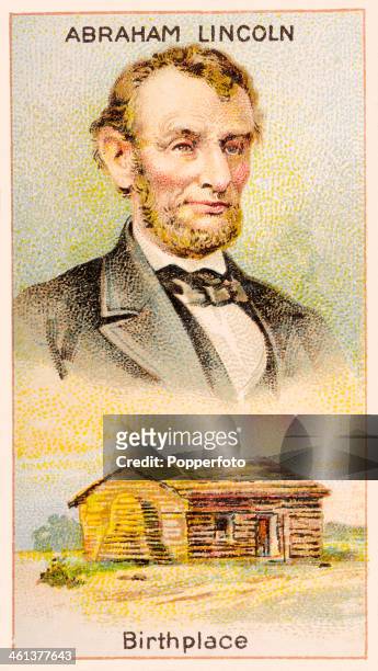 Men of Genius" Shelley cigarette card featuring illustrations of American president Abraham Lincoln and his birthplace, a log cabin, published by J...