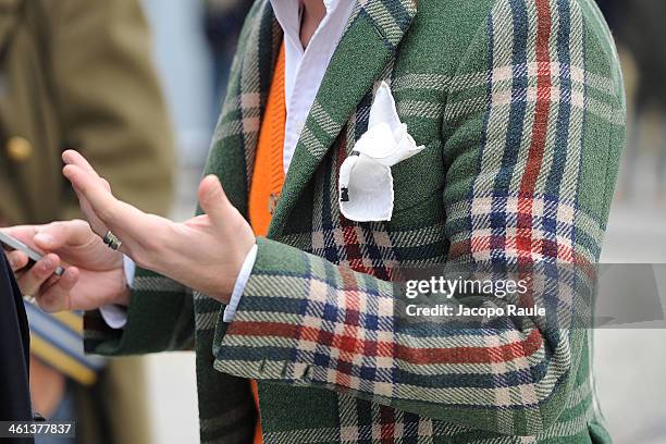 Details of jackets during Pitti Immagine Uomo 85 on January 8, 2014 in Florence, Italy.