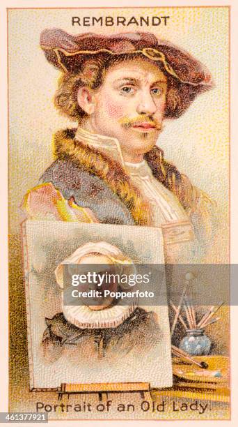 Men of Genius" Shelley cigarette card featuring illustrations of Rembrandt van Rijn, the Dutch artist, and one of his paintings, published by J...