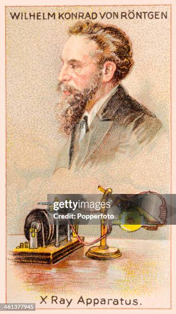 Men of Genius" Shelley cigarette card featuring illustrations of Wilhelm von Rontgen, the German physicist, with his X-ray apparatus, published by J...