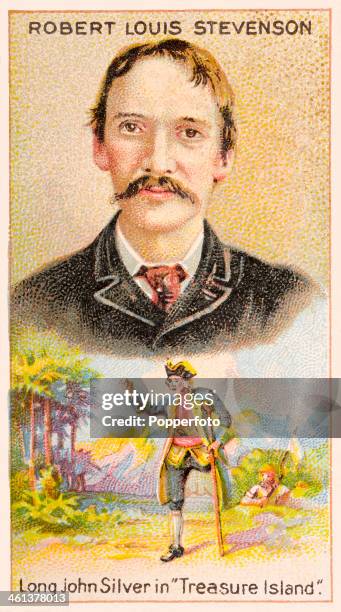 Men of Genius" Shelley cigarette card featuring illustrations of the Scottish author Robert Louis Stevenson and his creation, Long John Silver from...