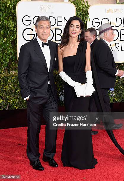 Actor George Clooney and lawyer Amal Alamuddin Clooney attend the 72nd Annual Golden Globe Awards at The Beverly Hilton Hotel on January 11, 2015 in...