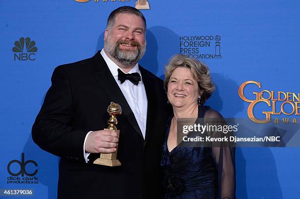 72nd ANNUAL GOLDEN GLOBE AWARDS -- Pictured: Writer/director Dean DeBlois and producer Bonnie Arnold, winners of Best Animated Feature Film for 'How...