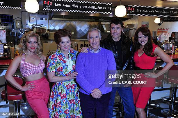 British actress Heidi Range, British presenter and singer Cheryl Baker, US actor Henry Winkler, British actor Ben Freeman and producer Amy Anzel pose...