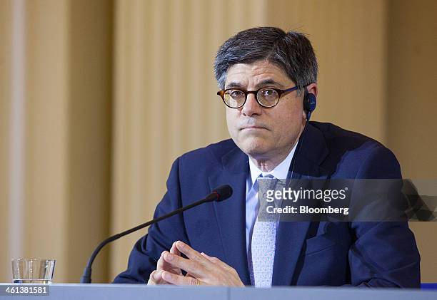 Jacob "Jack" Lew, U.S. Treasury secretary, pauses during a news conference at the German finance ministry in Berlin, Germany, on Wednesday, Jan. 8,...
