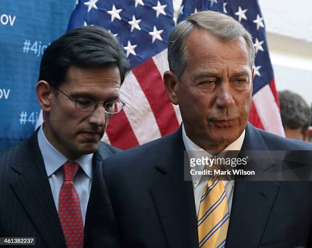 House Speaker John Boehner speaks to the media while flanked by House Majority Leader Eric Cantor , after attending the weekly House Republican...
