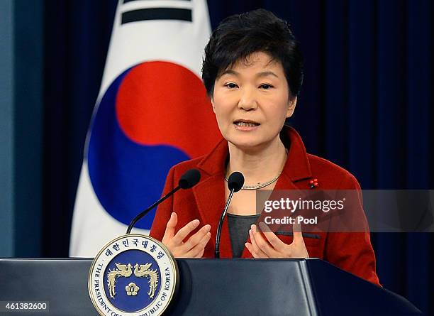 South Korean President Park Geun-Hye speaks during a press conference at the Presidential Office on January 12, 2015 in Seoul, South Korea. Park...