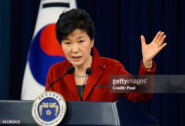 South Korean President Park Geun-Hye speaks during a press conference at the Presidential Office on January 12, 2015 in Seoul, South Korea. Park...
