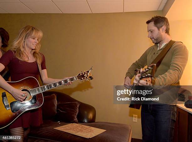 Singers/Songwriters Deana Carter and Brandon Heath backstage at Sam's Place - Music For The Spirit at Ryman Auditorium on January 11, 2015 in...