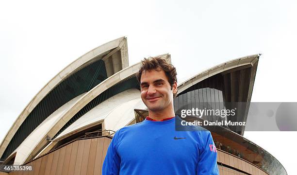 Roger Federer of Switzerland arrives to the launch of Fast 4 Tennis in front of the Sydney Opera House on January 12, 2015 in Sydney, Australia.