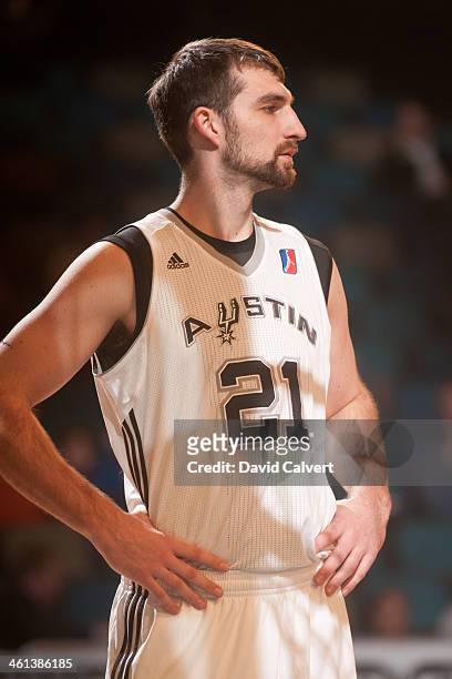 Luke Zeller of the Austin Toros watches a free throw attempt against the Maine Red Claws during the 2014 NBA D-League Showcase on January 7, 2014 at...