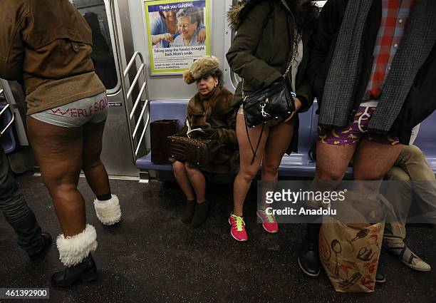 Some participants in their underwear take part in the No Pants Subway Ride in New York subway on January 11, 2015 in New York. The 'No Pants Subway...
