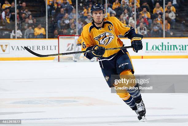 Shea Weber of the Nashville Predators skates against the Los Angeles Kings at Bridgestone Arena on December 28, 2013 in Nashville, Tennessee.