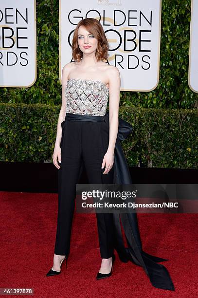 72nd ANNUAL GOLDEN GLOBE AWARDS -- Pictured: Actress Emma Stone arrives to the 72nd Annual Golden Globe Awards held at the Beverly Hilton Hotel on...