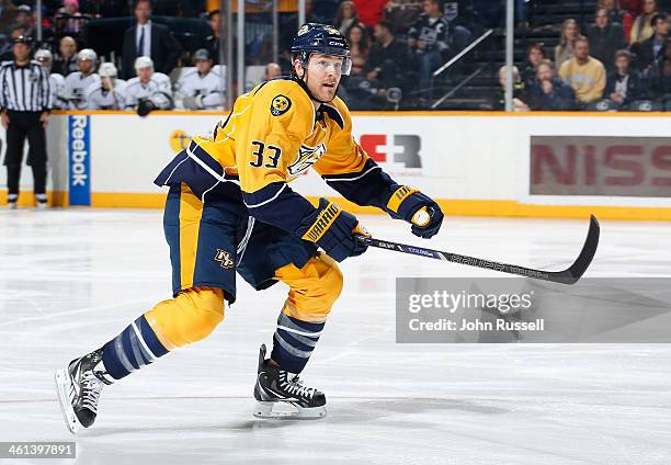 Colin Wilson of the Nashville Predators skates against the Los Angeles Kings at Bridgestone Arena on December 28, 2013 in Nashville, Tennessee.