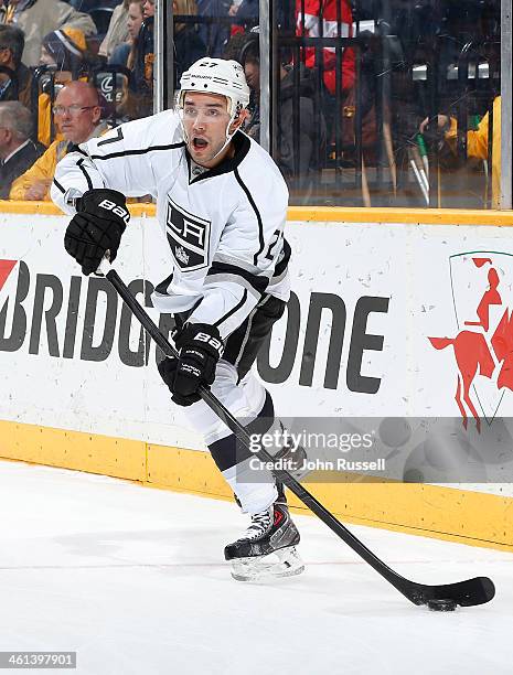 Alec Martinez of the Los Angeles Kings skates against the Nashville Predators at Bridgestone Arena on December 28, 2013 in Nashville, Tennessee.