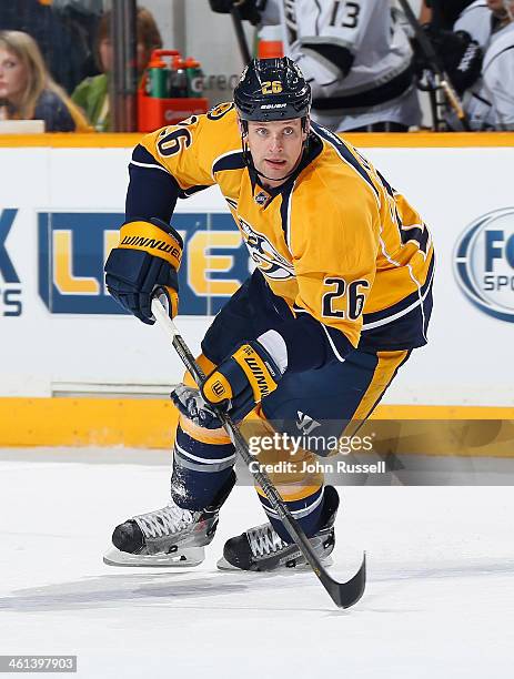 Matt Hendricks of the Nashville Predators skates against the Los Angeles Kings at Bridgestone Arena on December 28, 2013 in Nashville, Tennessee.