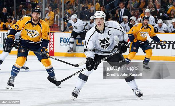 Dustin Brown of the Los Angeles Kings skates against Nashville Predators at Bridgestone Arena on December 28, 2013 in Nashville, Tennessee.