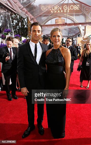 72nd ANNUAL GOLDEN GLOBE AWARDS -- Pictured: Actor Justin Theroux and actress Jennifer Aniston arrive to the 72nd Annual Golden Globe Awards held at...