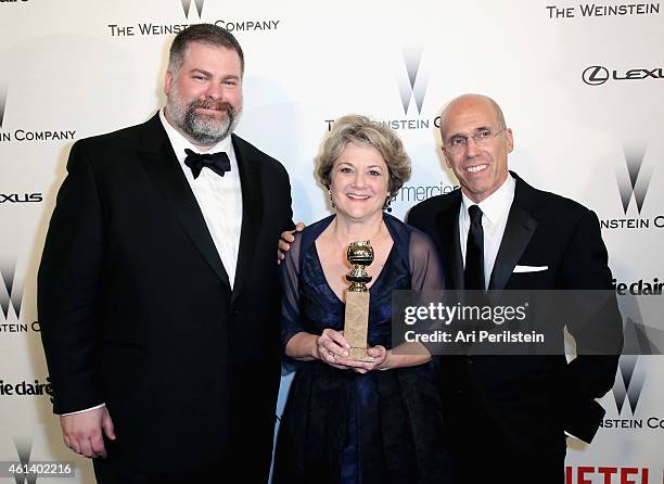 Writer/director Dean DeBlois, producers Bonnie Arnold and Jeffrey Katzenberg attend The Weinstein Company & Netflix's 2015 Golden Globes After Party...