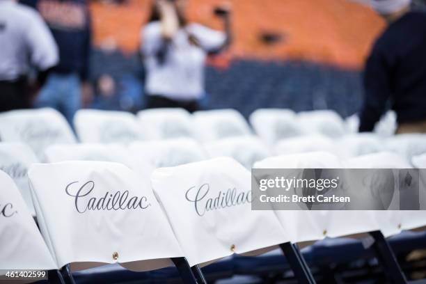 Seats bear the Cadillac logo prior to a basketball game between Syracuse Orange and Villanova Wildcats on December 28, 2013 at The Carrier Dome in...