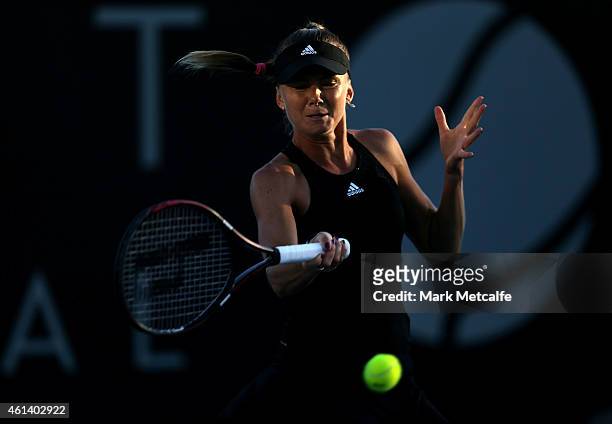 Daniela Hantuchova of Slovakia plays a forehand in her first round match against Richel Hogenkamp of Netherlands during day two of the 2015 Hobart...
