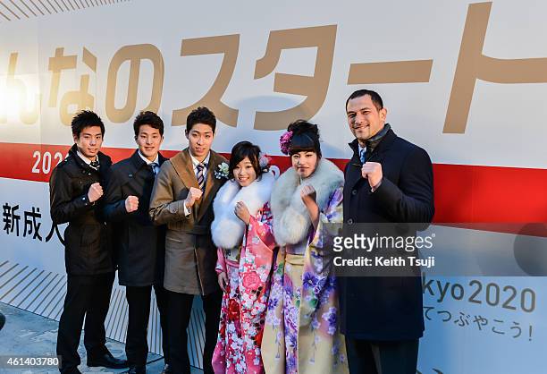 Akihiro Yamaguchi, Daiya Seto, Kosuke Hagino, Akiho Sato, Miho Fujii and Koji Murofushi attend The "2020 Days to Tokyo 2020" Event on January 12,...
