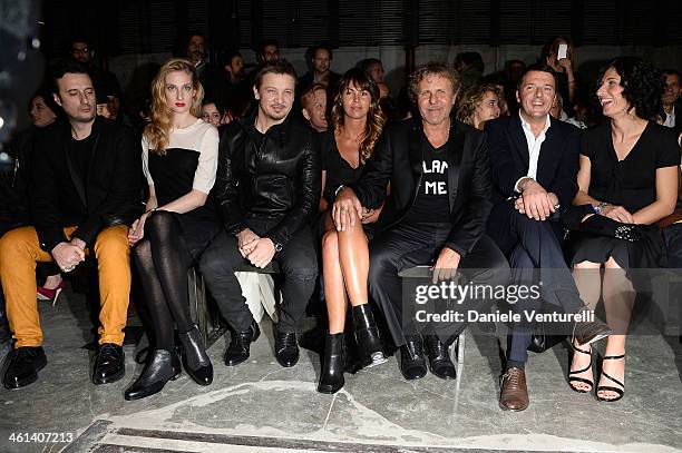 Matteo Ceccarini, Eva Riccobono, Jeremy Renner, Arianna Lessi, Renzo Rosso, Matteo Renzi and Agnese Renzi attend Diesel Black Gold during the Pitti...