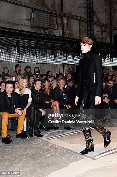 Matteo Ceccarini, Eva Riccobono, Jeremy Renner, Arianna Lessi, Renzo Rosso, Matteo Renzi and Agnese Renzi attend Diesel Black Gold during the Pitti...