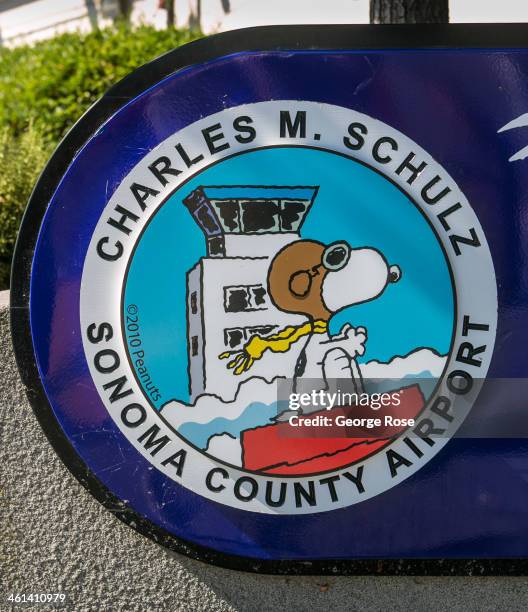 The logo for Charles M. Schulz Airport features the Peanuts cartoon character Snoopy as viewed on June 2 in Santa Rosa, California. Charles M. Schulz...