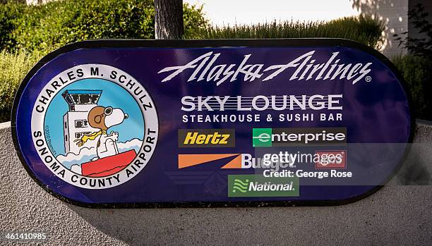 The logo for Charles M. Schulz Airport features the Peanuts cartoon character Snoopy as viewed on June 2 in Santa Rosa, California. Charles M. Schulz...