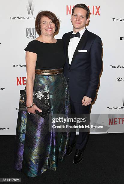 Susan Sher and writer Graham Moore attend the 2015 Weinstein Company and Netflix Golden Globes After Party at Robinsons May Lot on January 11, 2015...