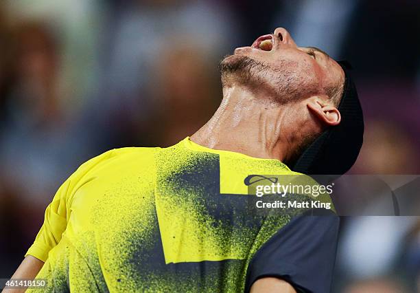 Lleyton Hewitt of Australia reacts against Roger Federer of Switzerland during their match at Qantas Credit Union Arena on January 12, 2015 in...