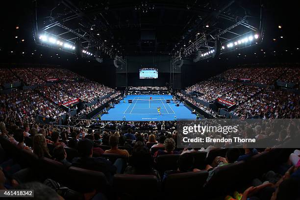 General view of play between Roger Federer of Switzerland and Lleyton Hewitt of Australia during their match at Qantas Credit Union Arena on January...