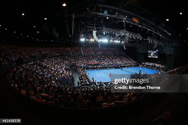 General view of play between Roger Federer of Switzerland and Lleyton Hewitt of Australia during their match at Qantas Credit Union Arena on January...