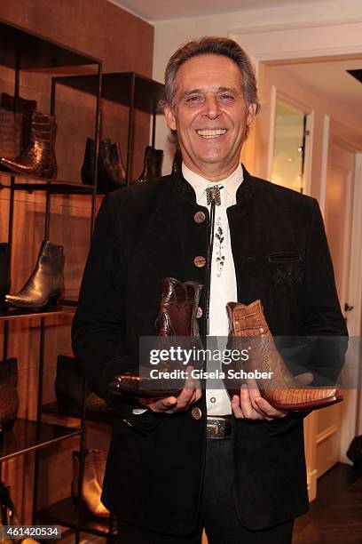 Shoe Designer Pedro Munoz, founder of Stallion Boots, poses during Mary-Kate Olsen and Ashley Olsen present their collection at Marion Heinrich on...